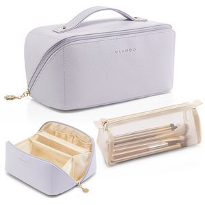 Makeup Bag,travel Makeup Bag Waterproof Portable Cosmetic Bag Pu Leather Open😒